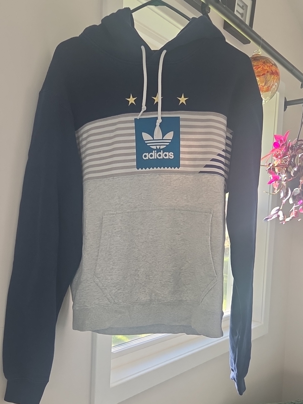 adidas Men’s Navy & Light Gray Crewneck Hoodie with Striped Chest